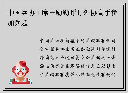中国乒协主席王励勤呼吁外协高手参加乒超 中国乒协主席王励勤呼吁外协高手参加乒超